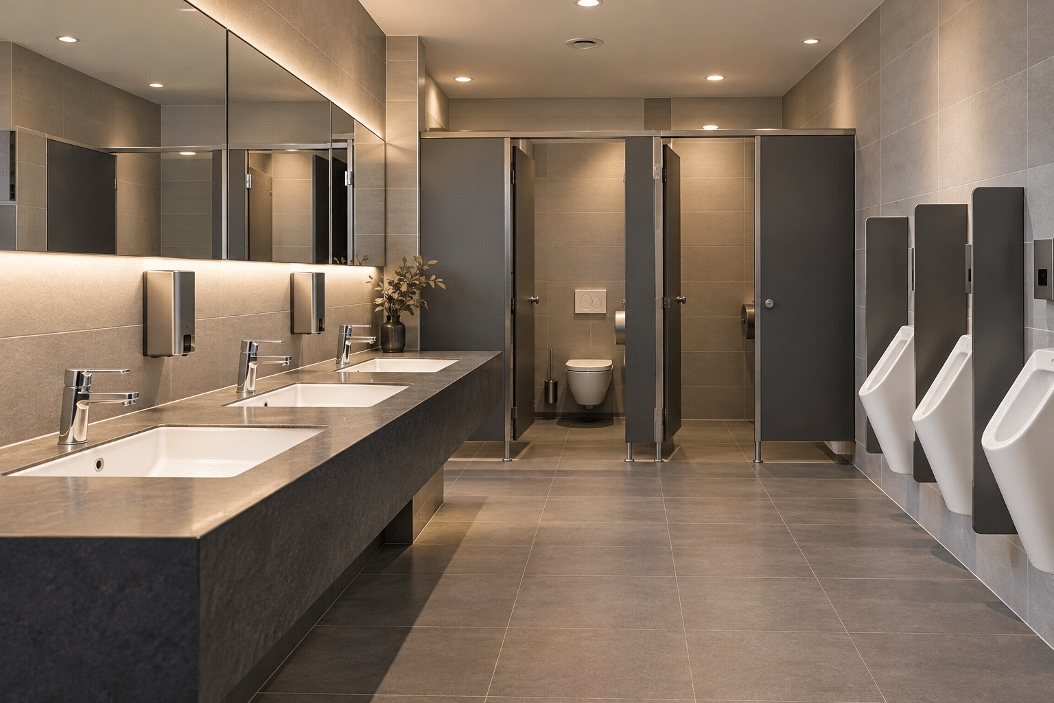 Modernes Herren-WC mit langem Waschtisch, großen Spiegeln, Urinalen und WC-Kabinen