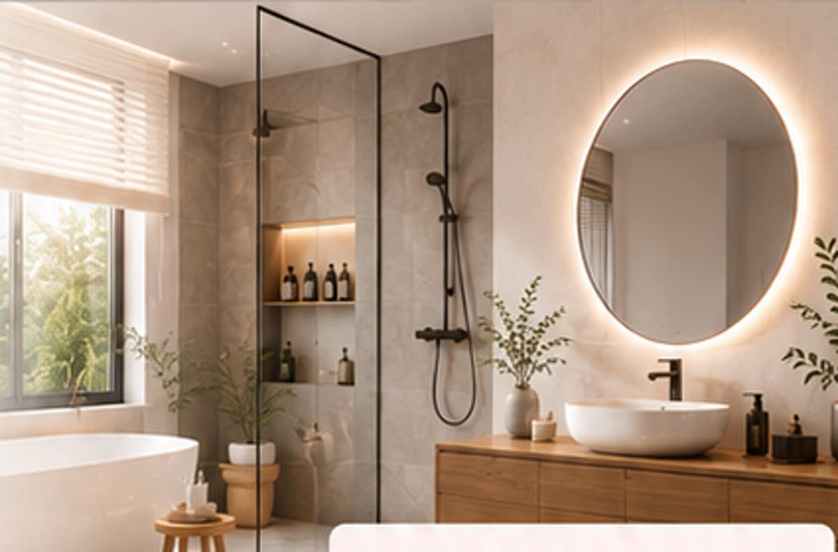 Modernes Badezimmer mit Glasdusche, Holzwaschtisch und rundem beleuchtetem Spiegel